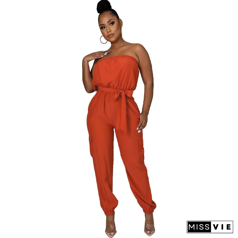 Strapless Lace Up Belts Pockets Overalls Jumpsuits