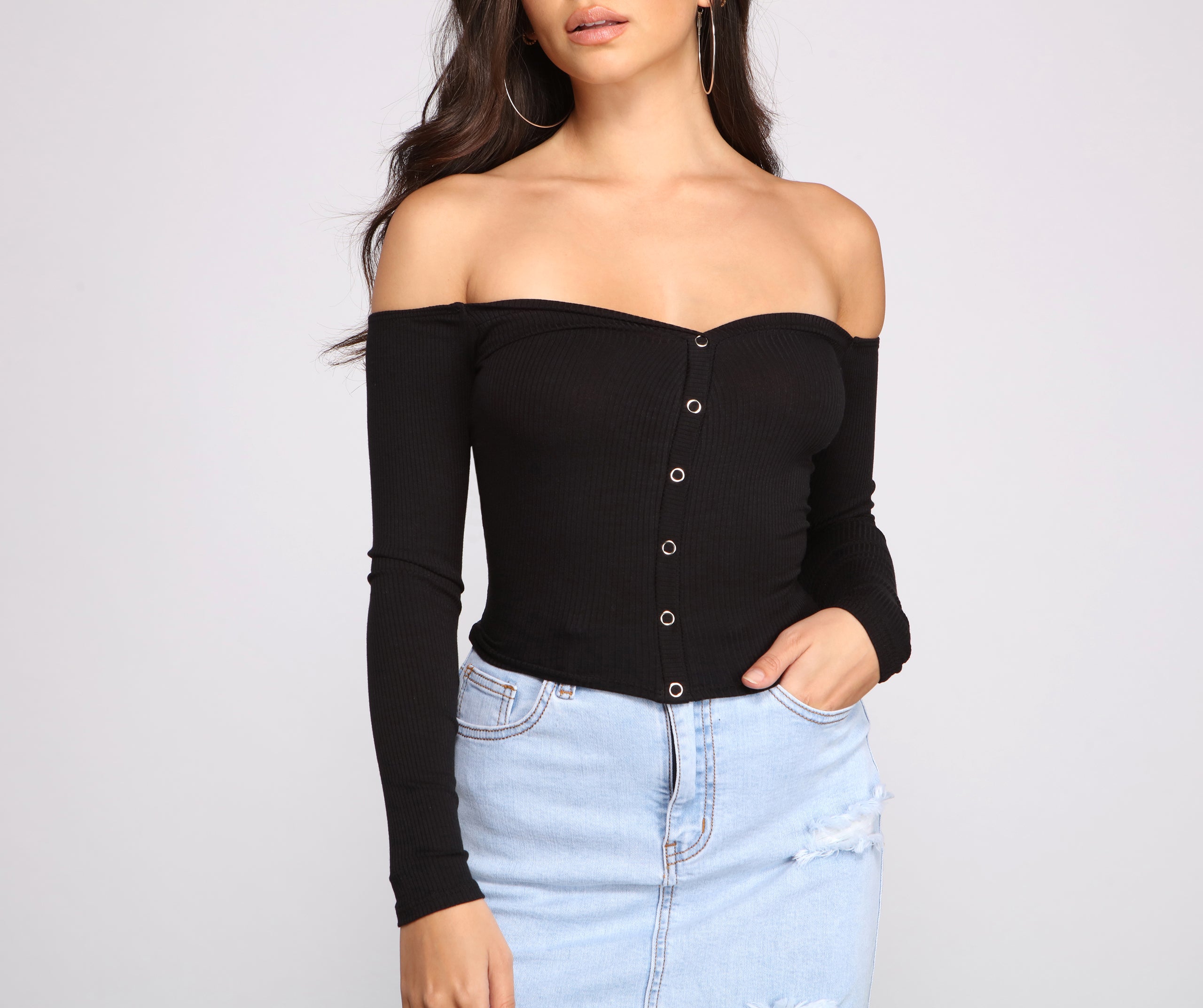 Off The Shoulder Ribbed Henley Top