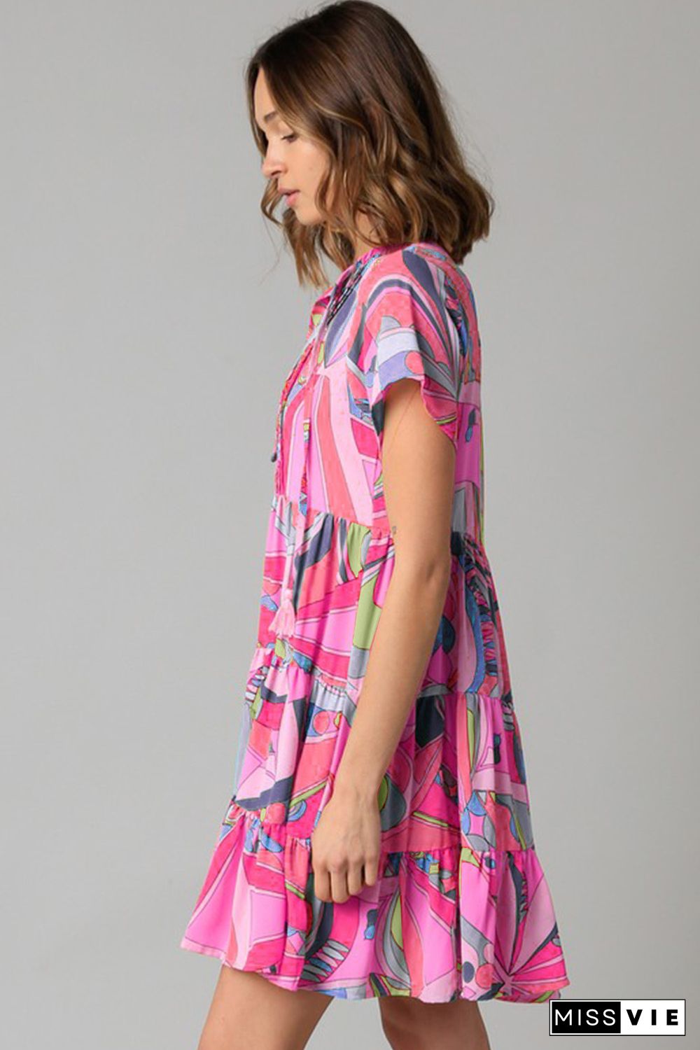 Pink Abstract Geometric Print Tassel Tie Flared Dress