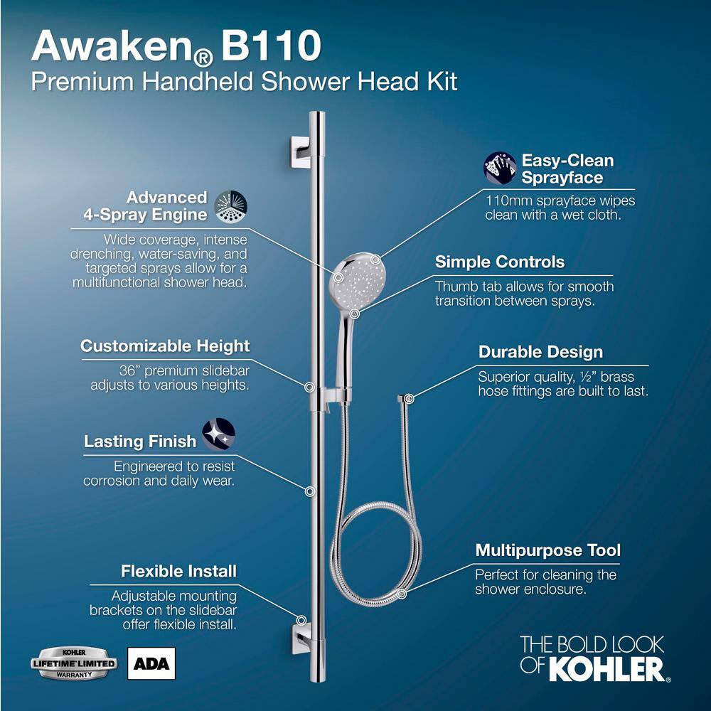 KOHLER Awaken 4-Spray Premium Slidebar Kit with Handshower in Vibrant Brushed Nickel K-99899-G-BN