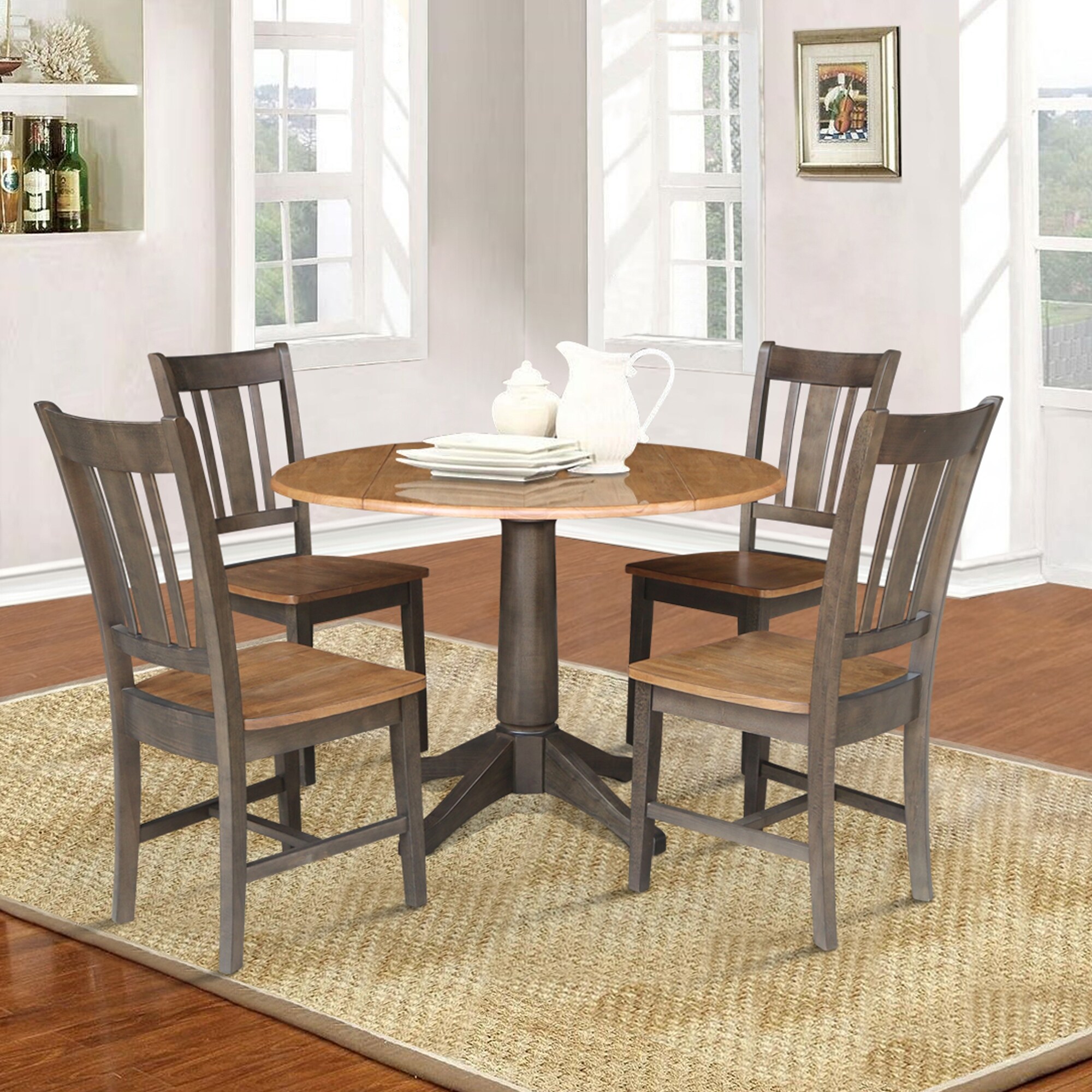 42 in. Round Dual Drop Leaf Dining Table with 4 Splatback Chairs in Hickory/Washed Coal - 5 Piece Set