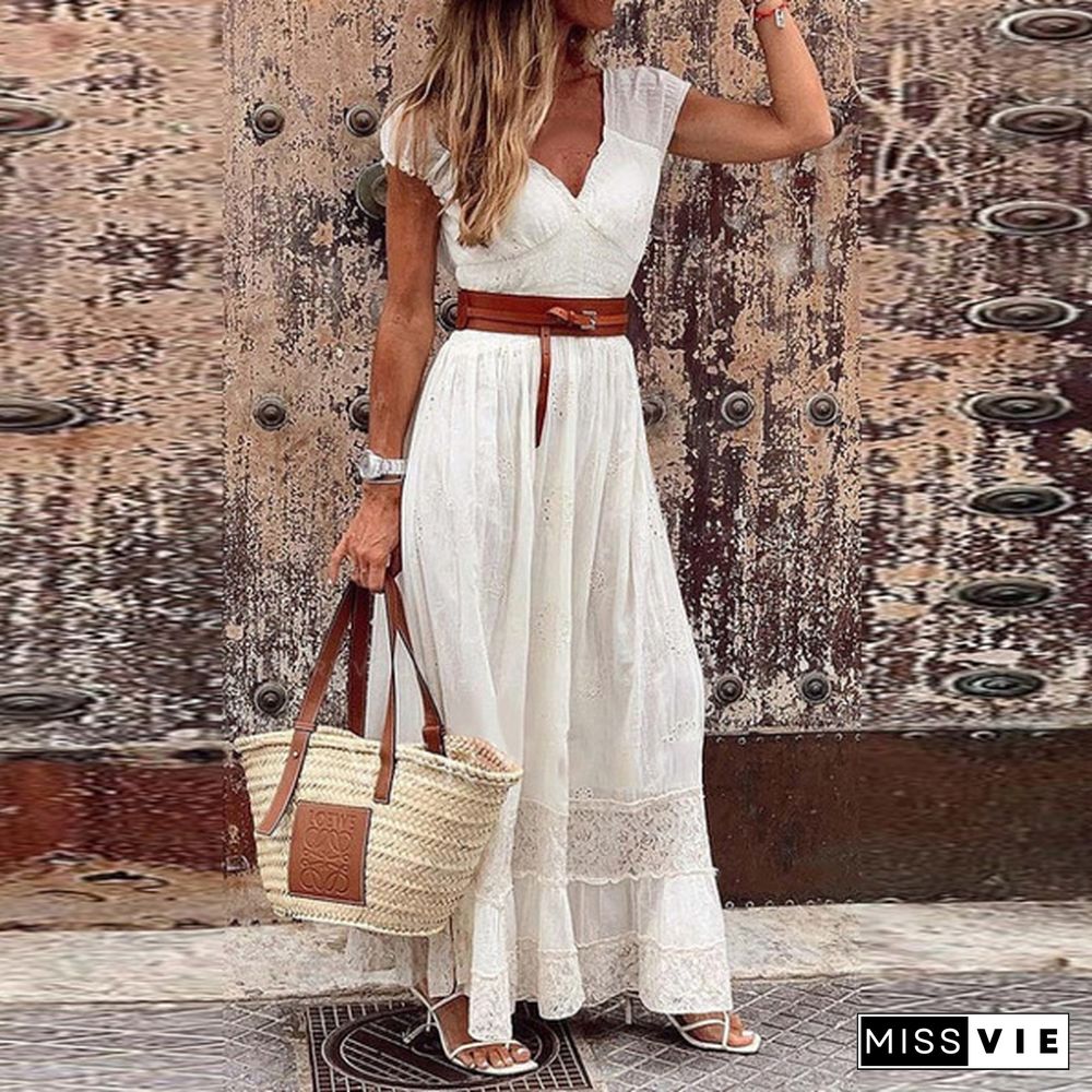 Fashion Women Casual Dress Short Sleeve V Neck Solid Color Cotton Maxi Dress Lace Patchwork Holiday Beach Sundress Plus Size