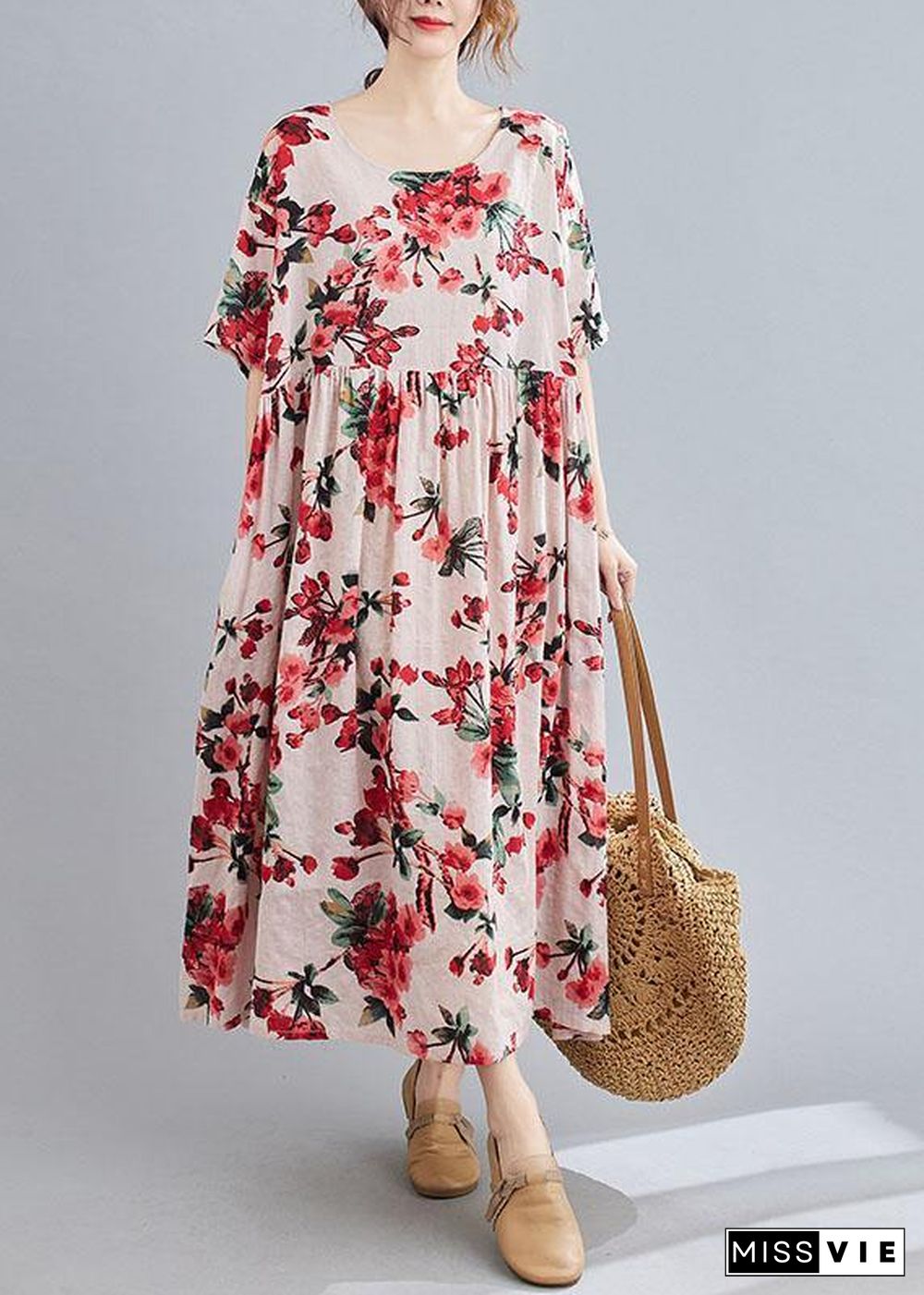 Boho Pink  Floral  O-Neck Patchwork Summer Half Sleeve Dresses