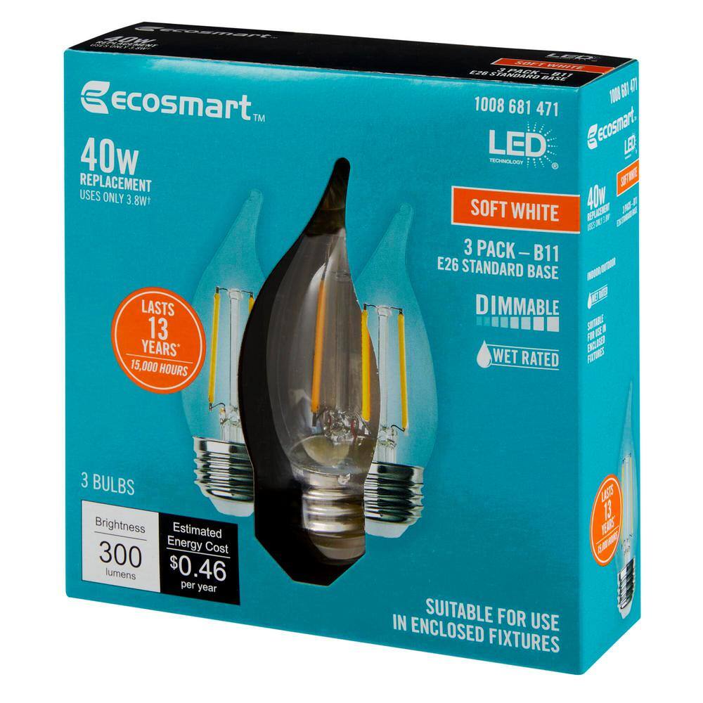 EcoSmart 40-Watt Equivalent BA11 Dimmable Edison LED Light Bulb Soft White (3-Pack) BA11C3DE26827Z