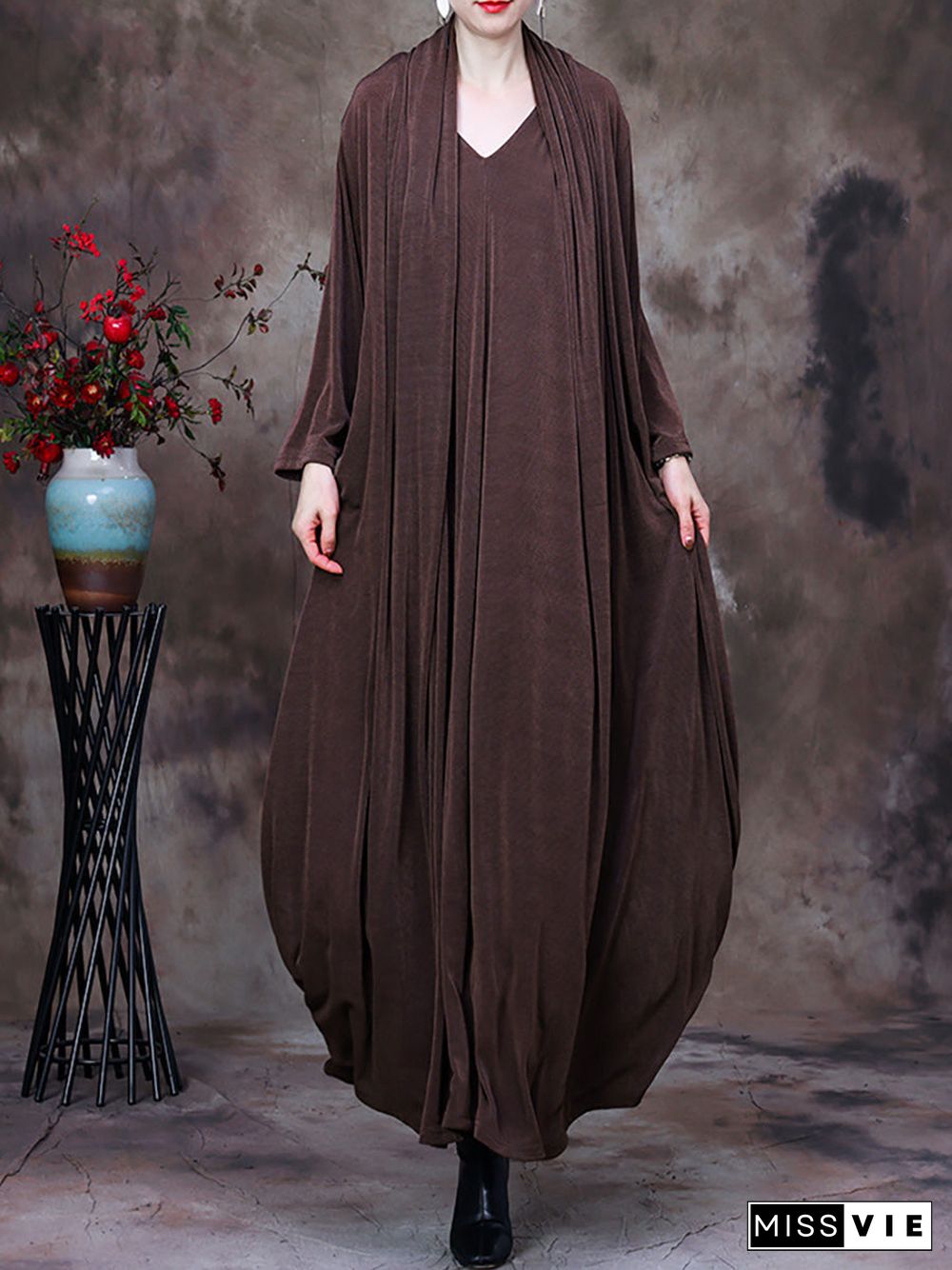 Plus Size V Neck Vintage Women Retro Maxi Dress