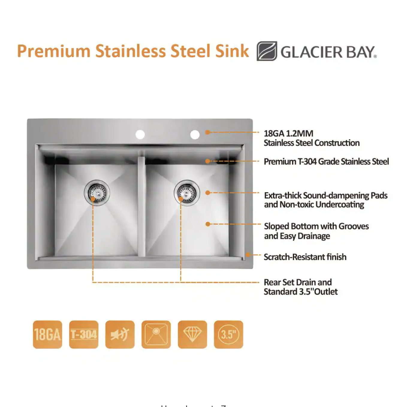 Glacier Bay Zero Radius Drop-in 18G Stainless Steel 33 in. 2-Hole 50/50 Double Bowl Workstation Kitchen Sink with Spring Neck Faucet