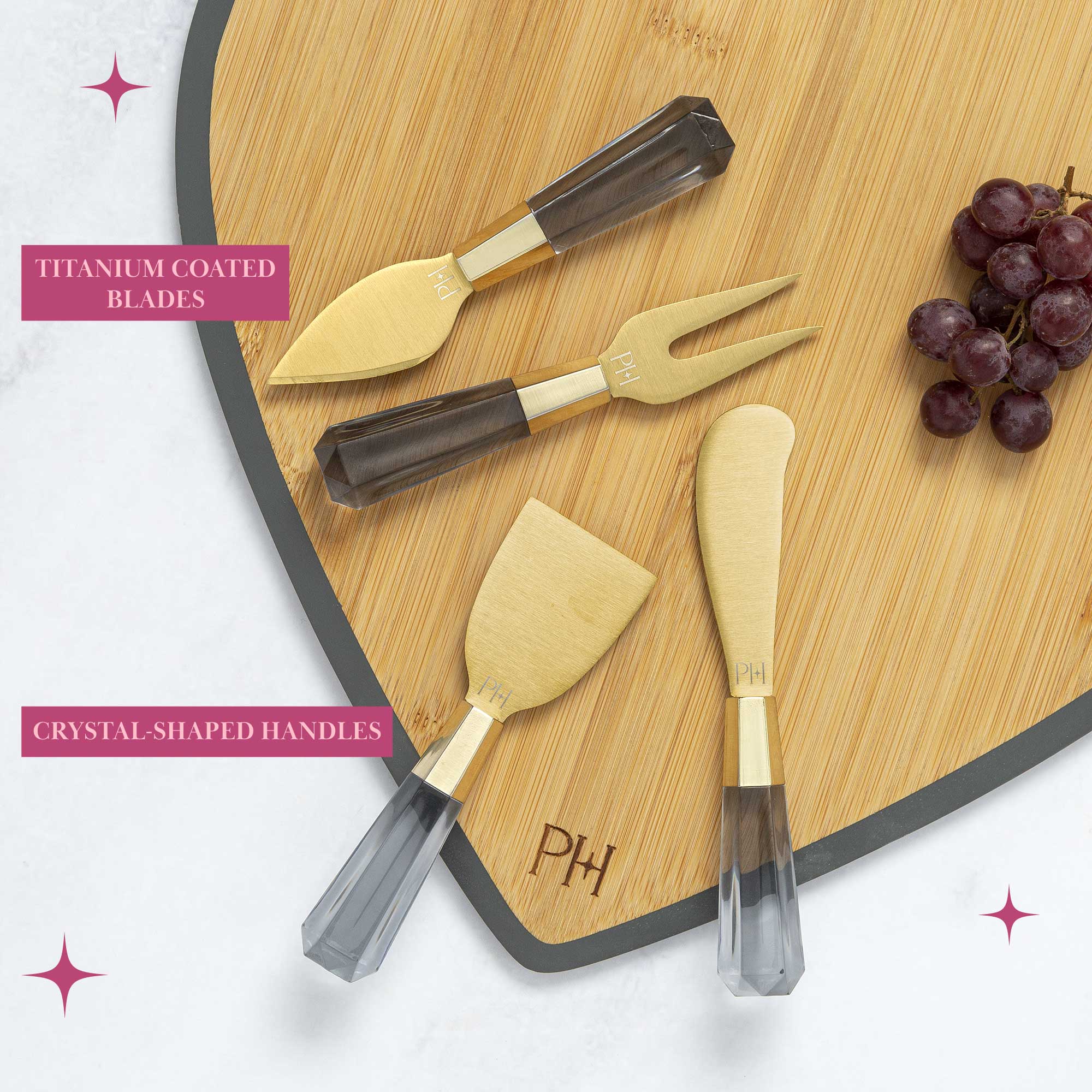 Paris Hilton 6-Piece Bamboo Heart Charcuterie Board and Serving Set， Charcoal Gray