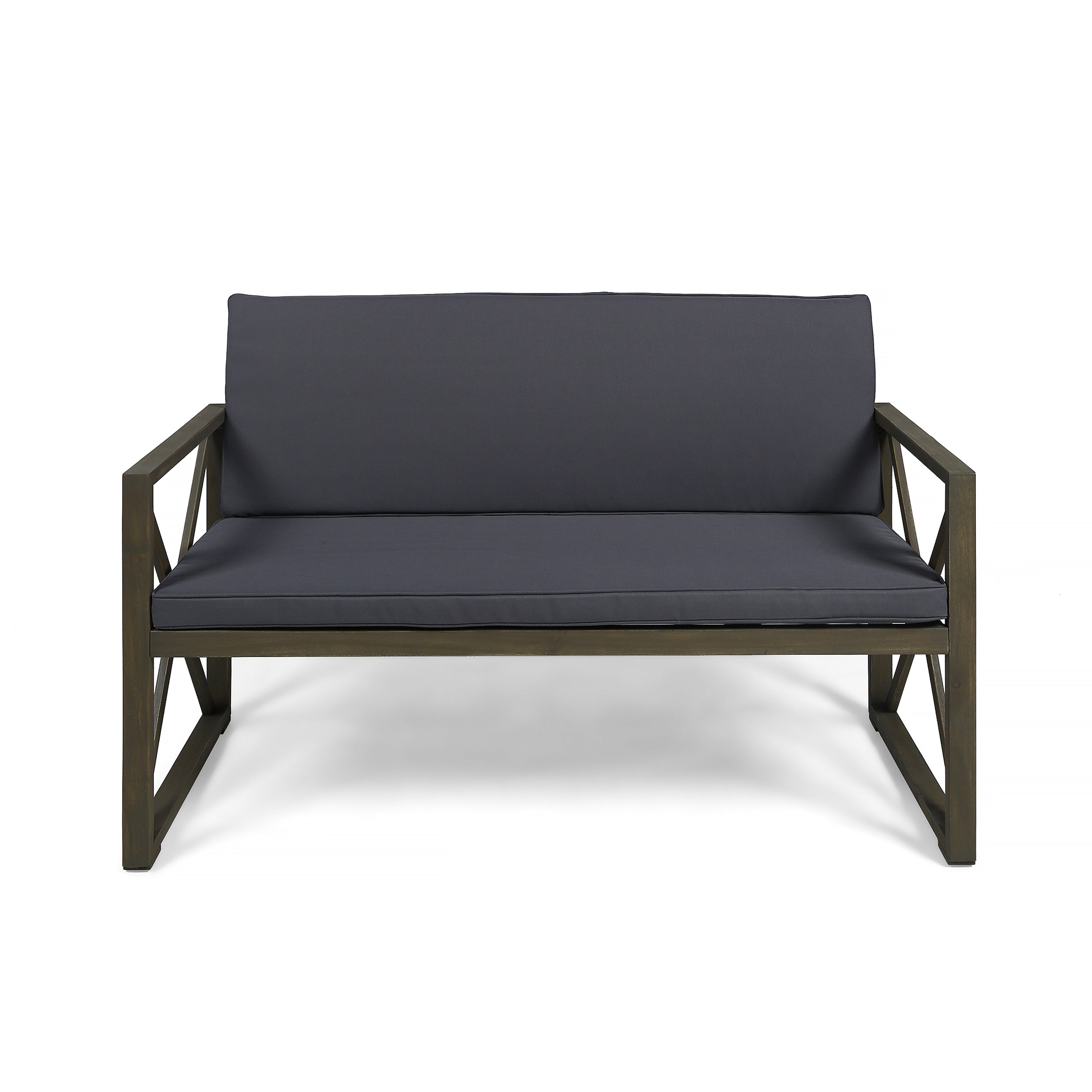 Hazel Outdoor Acacia Wood Loveseat with Coffee Table Set with Cushions