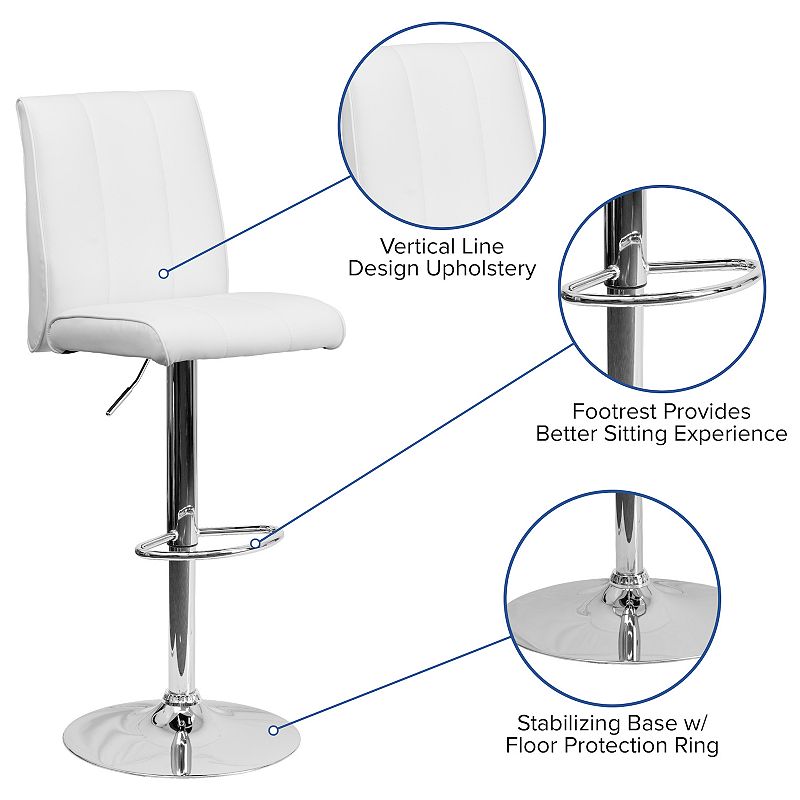 Emma and Oliver 2 Pk. Contemporary Vinyl Adjustable Height Barstool with Vertical Stitch Panel Back and Chrome Base