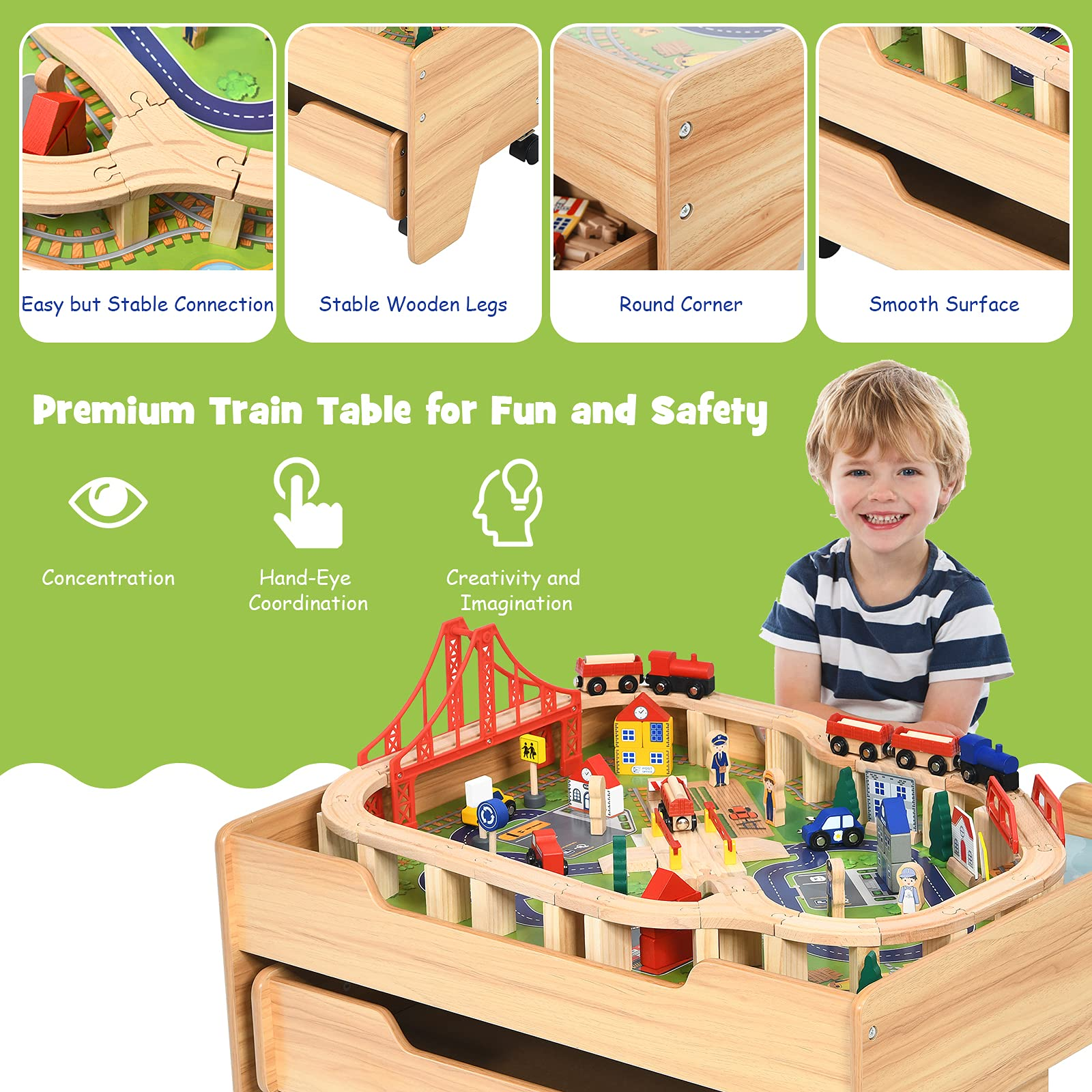 Costzon Train Table, Wood Kids Activity Table w/Storage Drawer, 100 Multicolor Pieces