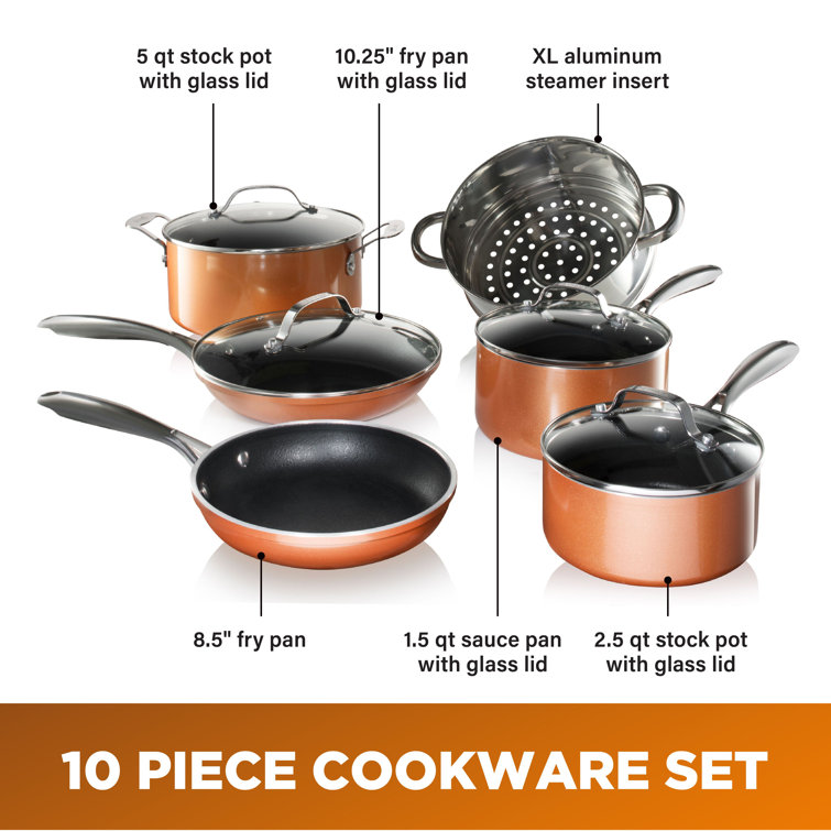 Gotham Steel Copper Cast Textured 10 Pieces Aluminum Non Stick Cookware Set