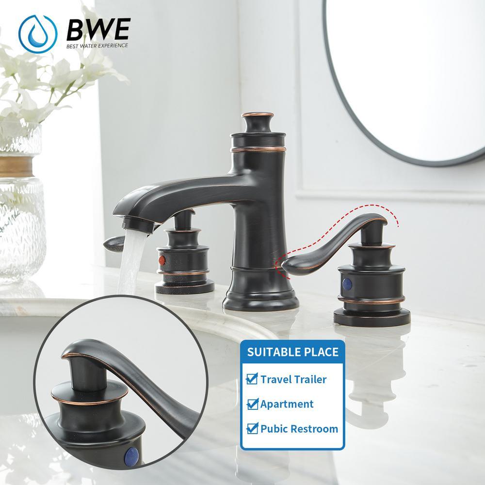 BWE 8 in Widespread Double Handle Bathroom Faucet With Popup Drain Assembly in Oil Rubbed Bronze