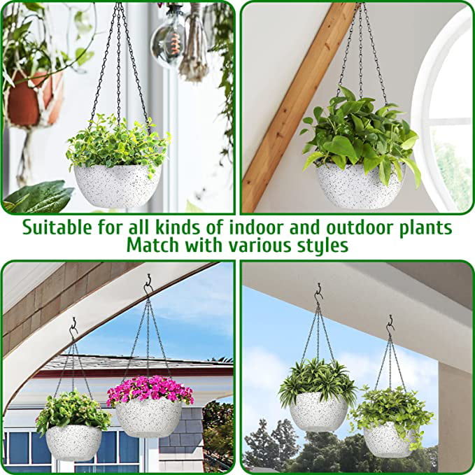 2 Pack Hanging Planter Pots for Plants Outdoor Indoor, 9 inch Hanging Plant Pot Plastic Flower Pots with Drainage Holes Ceiling Hooks