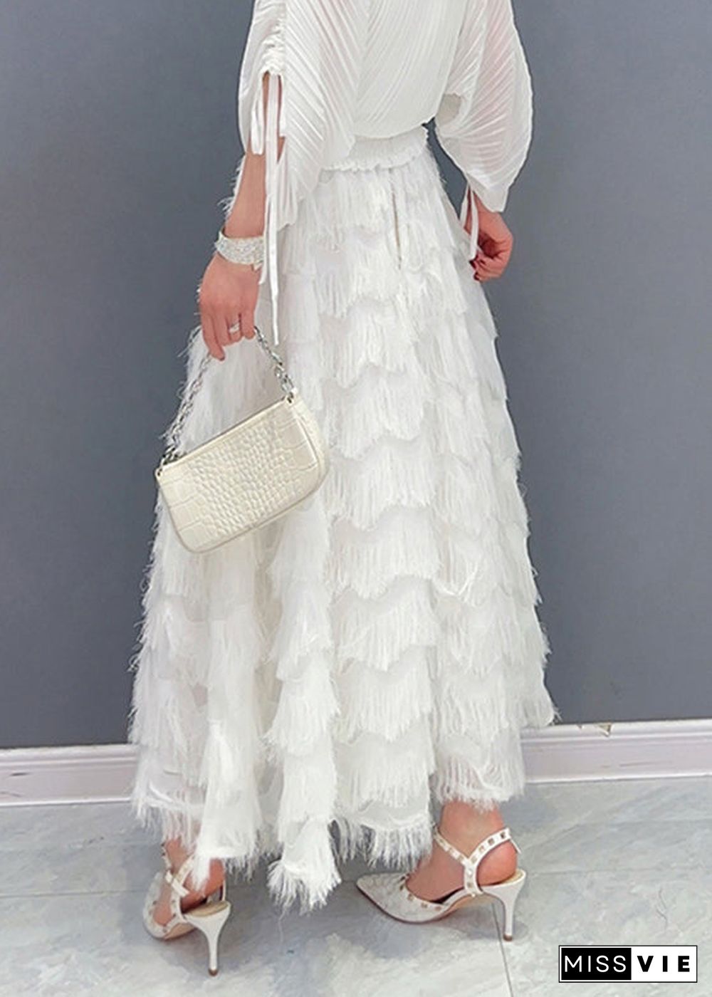 Stylish White Tassel Elastic Waist Maxi Skirt Spring