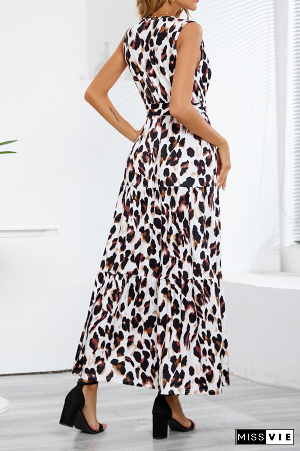 Sleeveless V Neck Splicing Leopard Dress