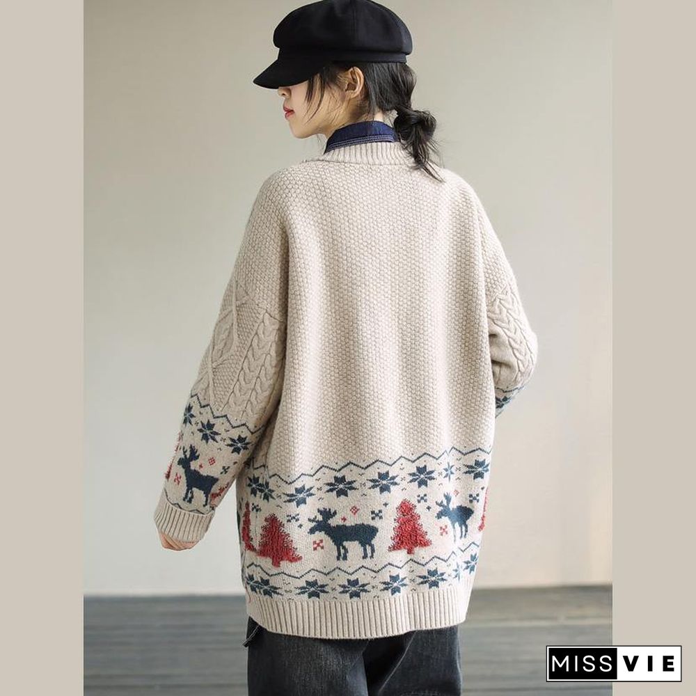 For Work Spring knit sweat tops trendy plus size Beige Deer Print knitted cardigans