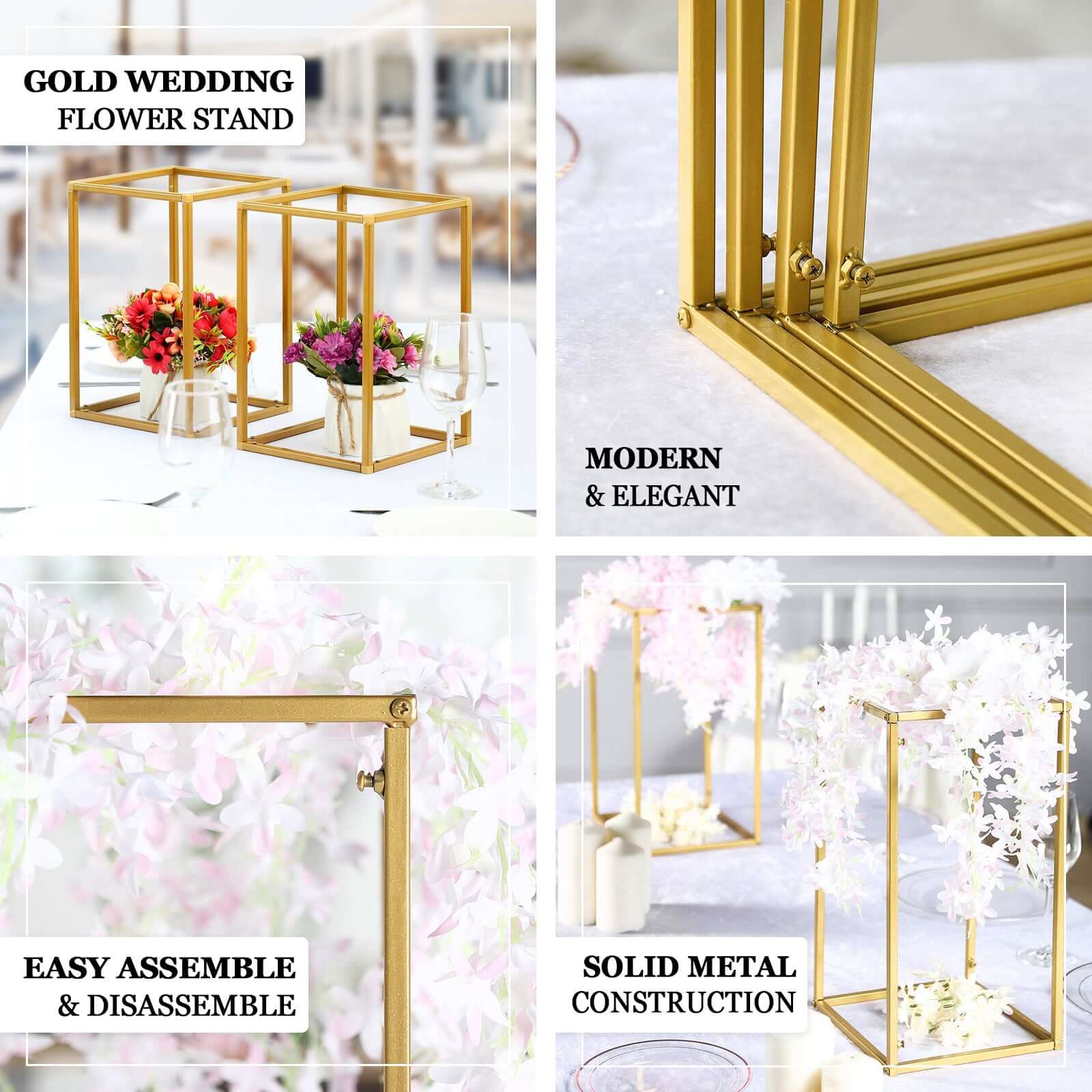 2 Pack Rectangular Gold Metal Wedding Flower Stand, Geometric Column Frame Centerpiece 48