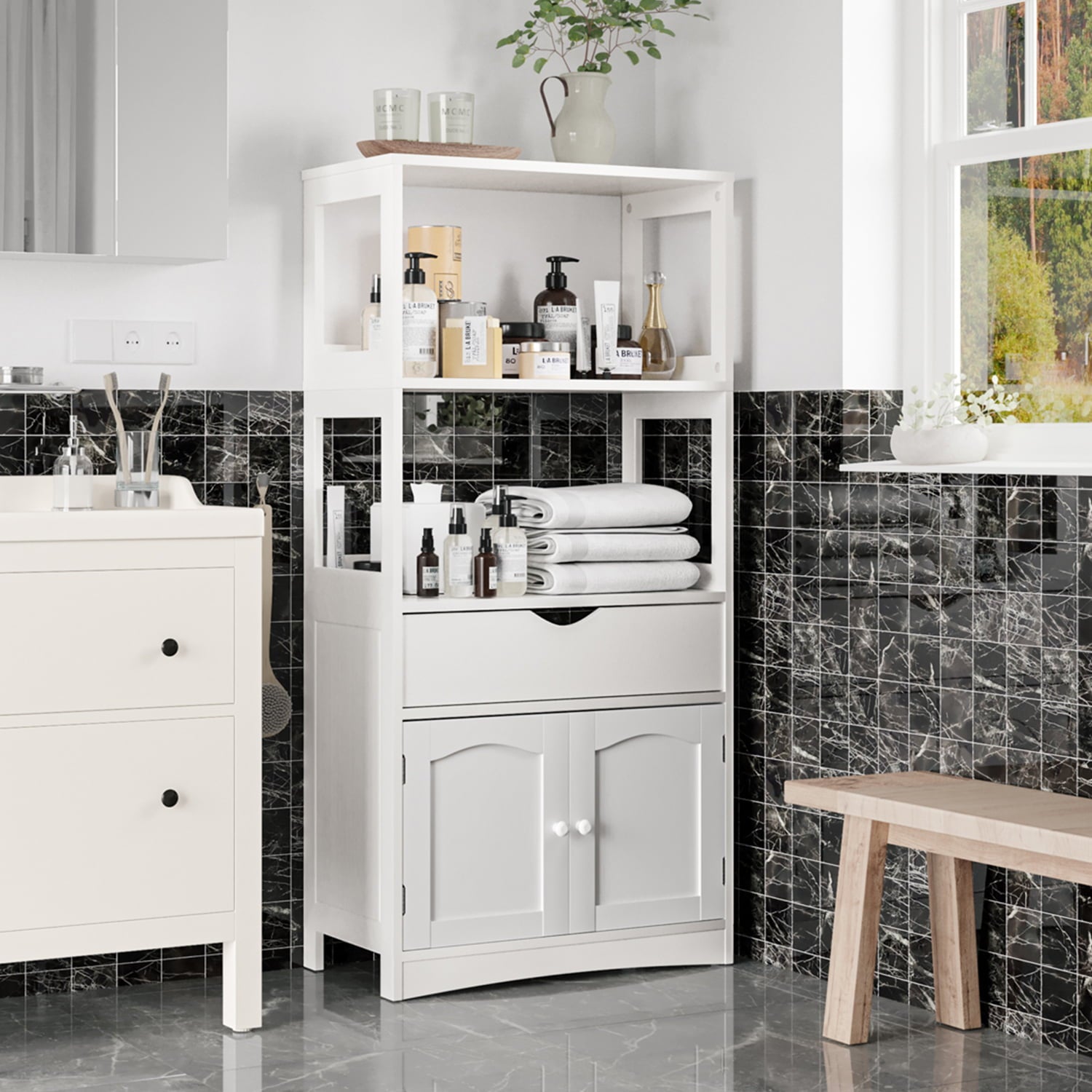 White Sideboard Storage Cabinets for Kitchen with Drawer， Pantry Storage Cabinet with Microwave Space and 1 Cupboard