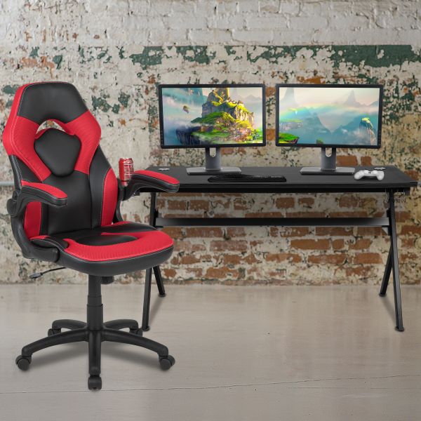 Optis Gaming Desk and Red/Black Racing Chair Set /Cup Holder/Headphone Hook/Removable Mouse Pad Top - 2 Wire Management Holes