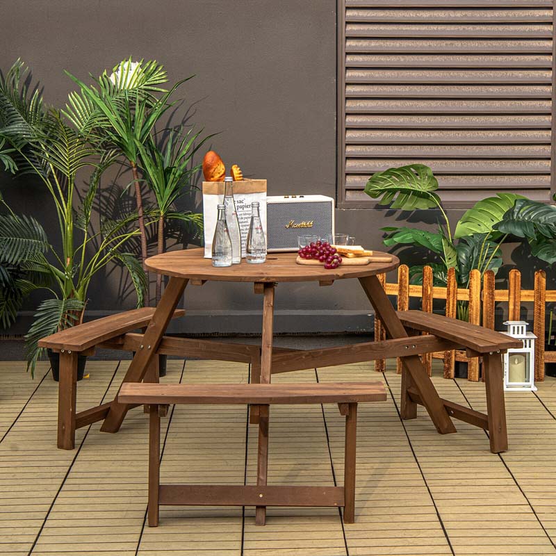 6-Person Round Wooden Picnic Table Bench Set with Umbrella Hole, DIY Paint Outdoor Patio Dining Table Set