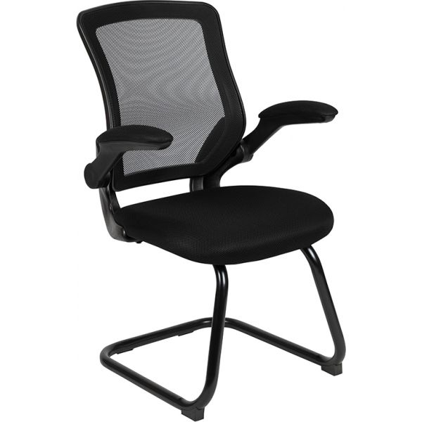 Kale Black Mesh Sled Base Side Reception Chair with Flip-Up Arms