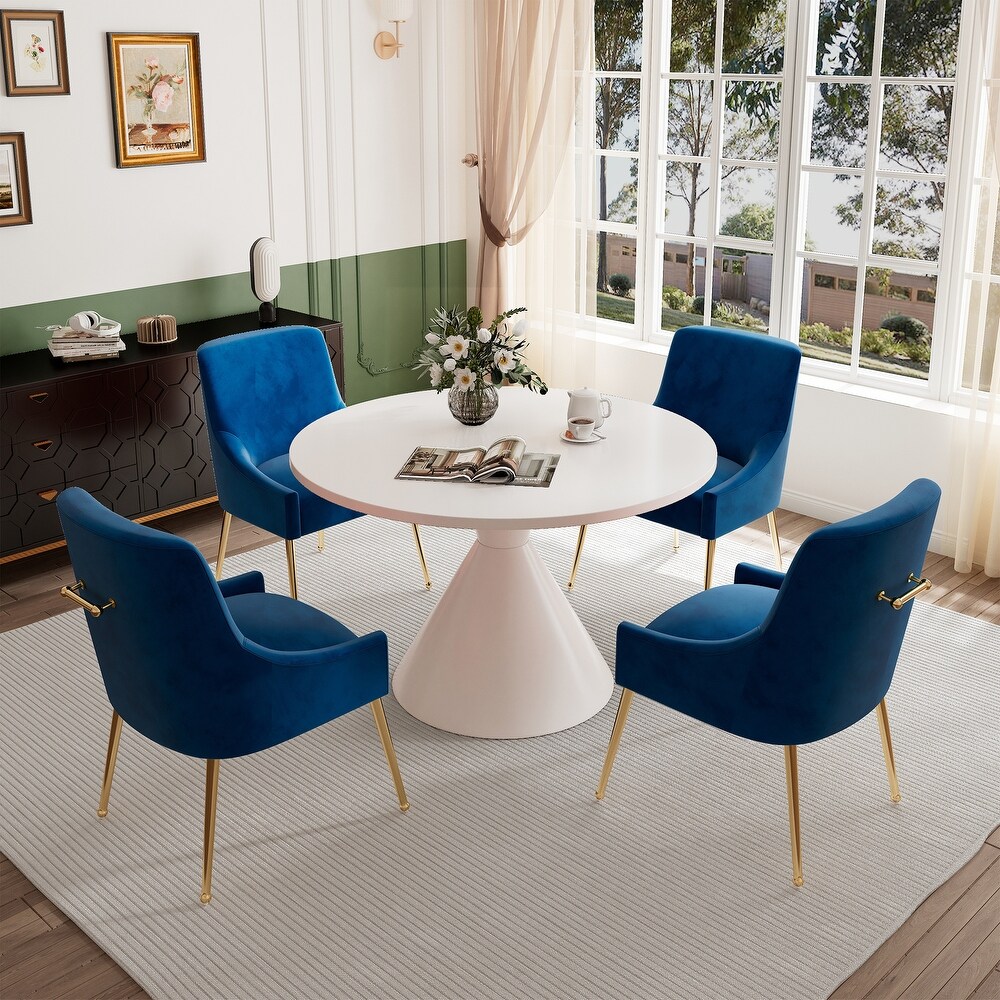 Clihome 5 Piece High Gloss White Table with Velvet Chair Dining Set