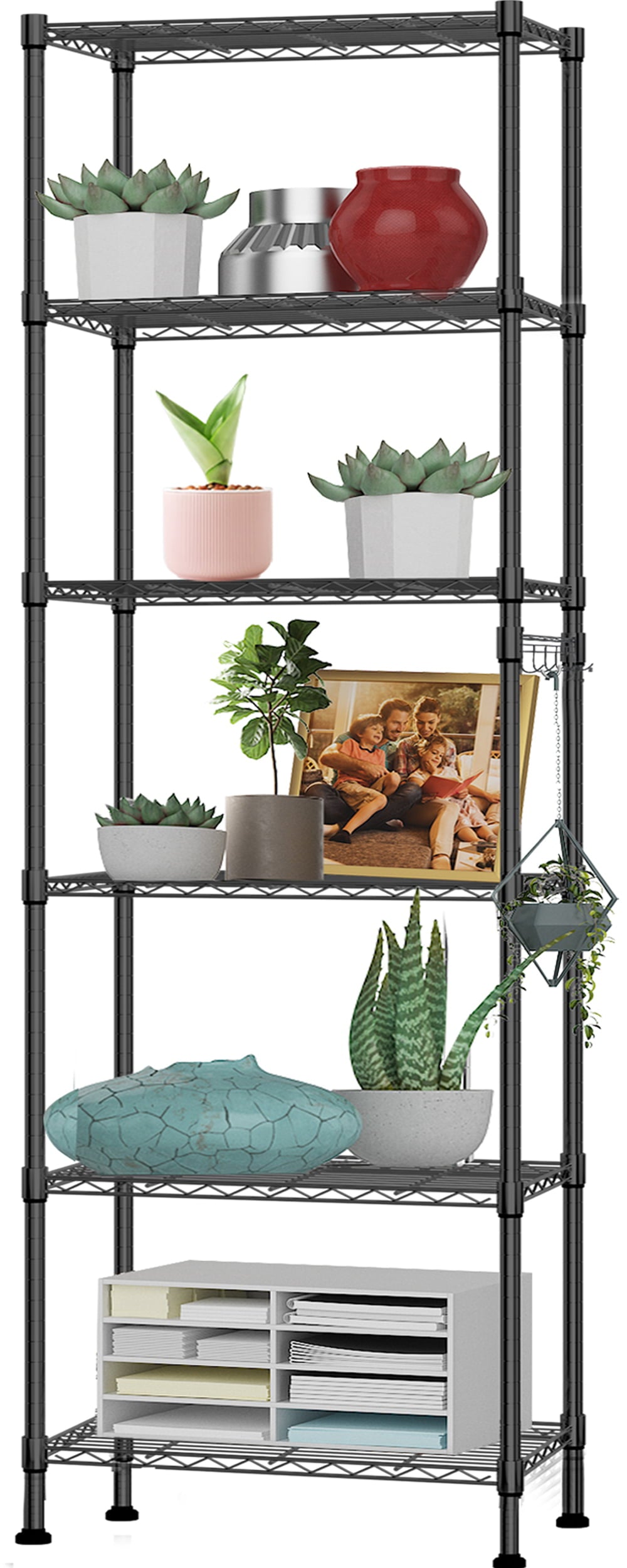 6-Tier Wire Shelving Unit Storage Rack Metal Shelf Organizer with 6 Hooks for Kitchen Bathroom Garage Balcony 21.26