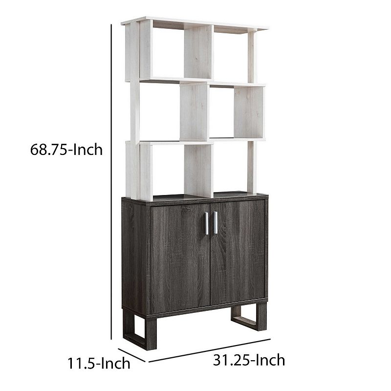 Crew 68 Inch Wood Bookcase Unit， 1 Cabinet， 6 Compartments， Oak White， Gray