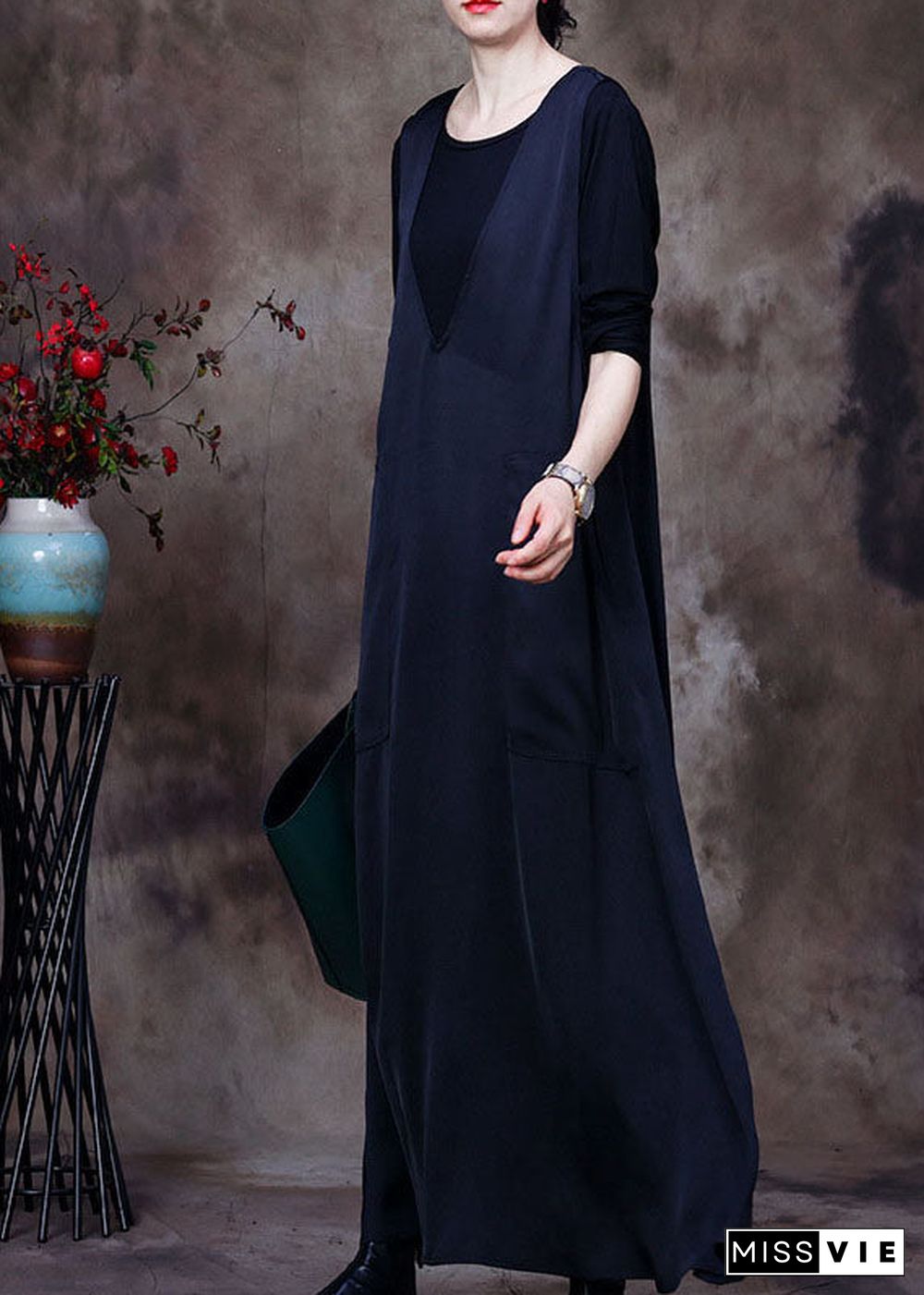 Fashion Black V Neck pockets Silk Maxi Dresses Sleeveless