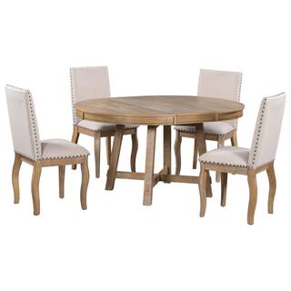 URTR 5-Piece Natural Wood Top Round Dining Table Set Extendable Kitchen Table and 4 Upholstered Dining Chairs for 4 Person T-01421-E