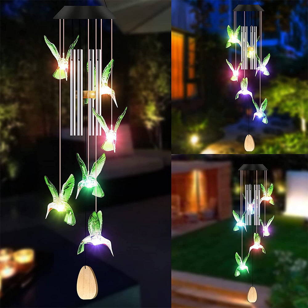 Fangsheng Outdoor Wind Chimes， Solar Hummingbird Lights Colors Changing Waterproof for Patio， Garden