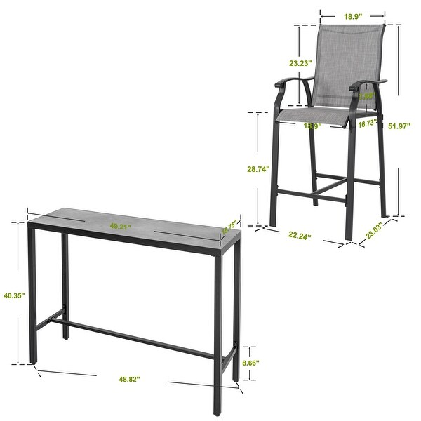 Patio 3Piece Textilene Bar Set with High Backrest，Black and Gray