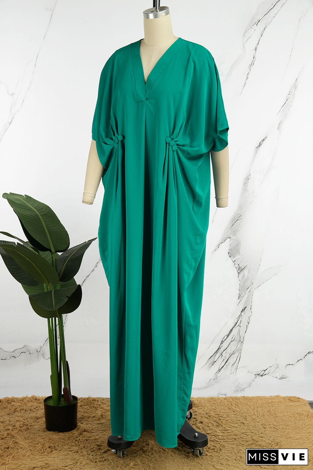 Green Casual Solid Patchwork V Neck Long Dress Plus Size Dresses