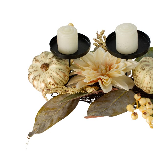 White Dahlia And Pumpkin Fall Candle Holder Centerpiece