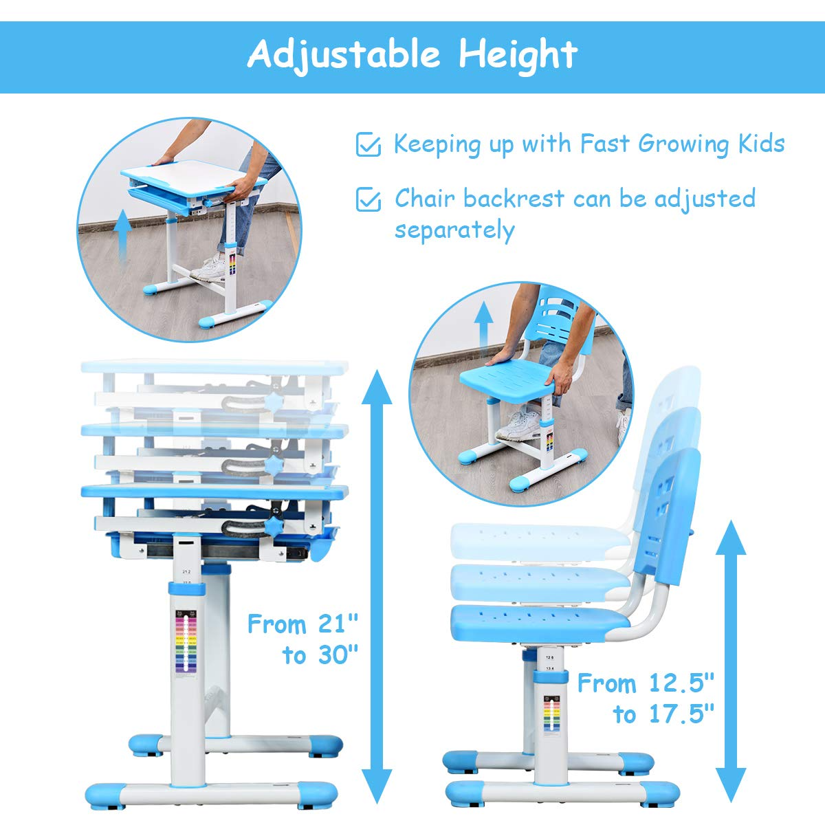 BABY JOY Kids Desk and Chair Set, Height Adjustable Child Desk Set w/Tilt Desktop