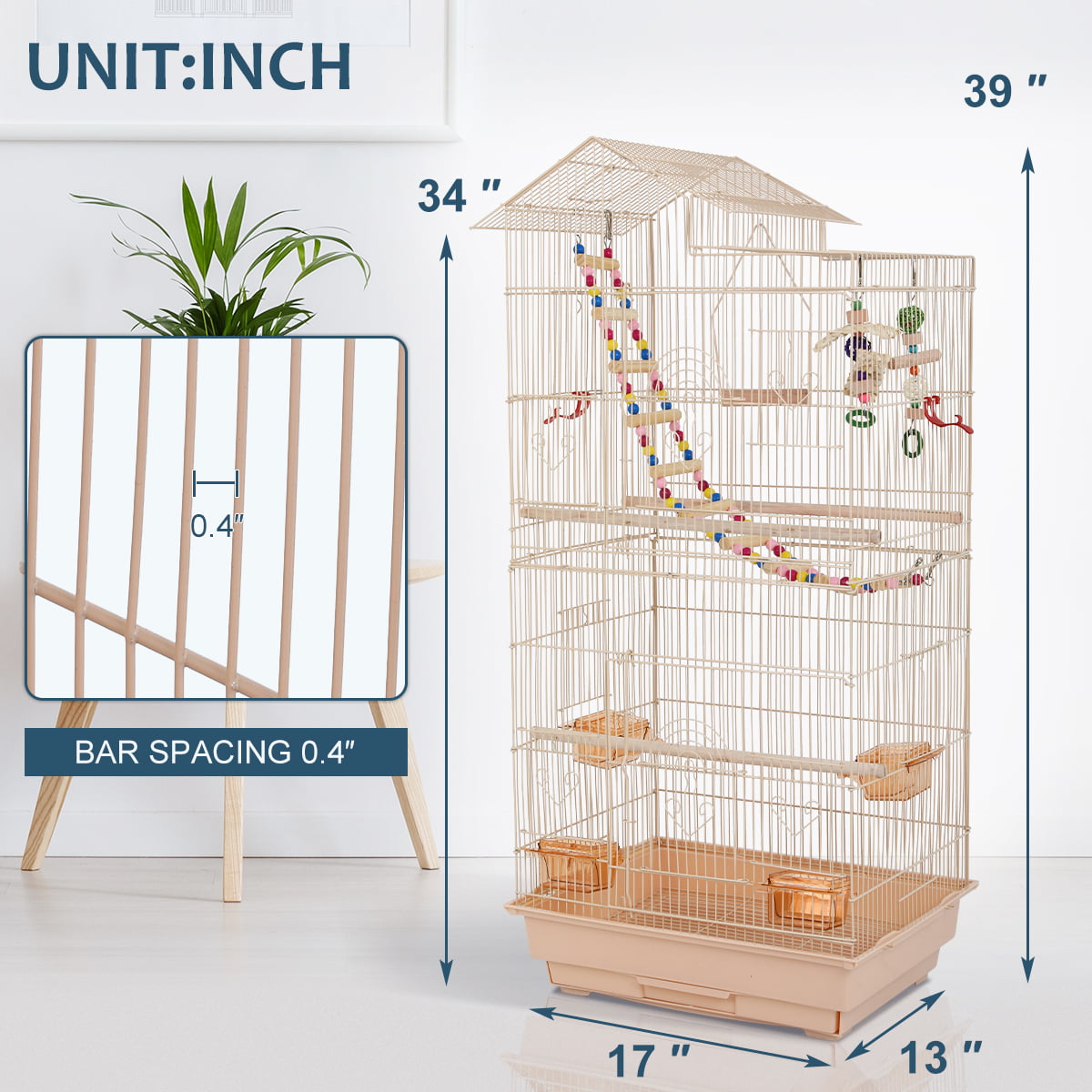 Dkelincs 39 Inch Big Birdcage Study Parakeet Cage Aviary with Accessories Roof Top Flight Parrot Cage with Ladder and Swing for Parakeet， Cockatiels， Parrots， Almond