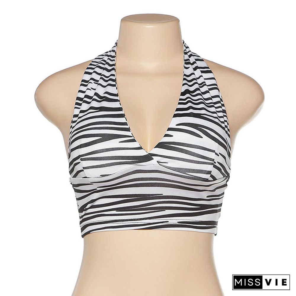 Harajuku Zebra Print Sleeveless Backless Fashion Tank Top Women Summer Leisure Halter Top Female Sexy Club Party Croptop