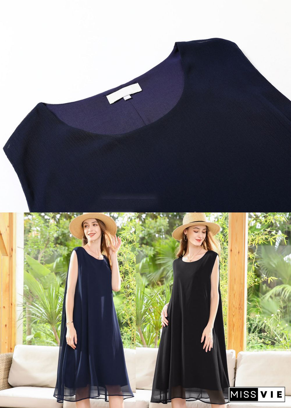 Casual Navy O-Neck Oversized Chiffon Long Dress Sleeveless