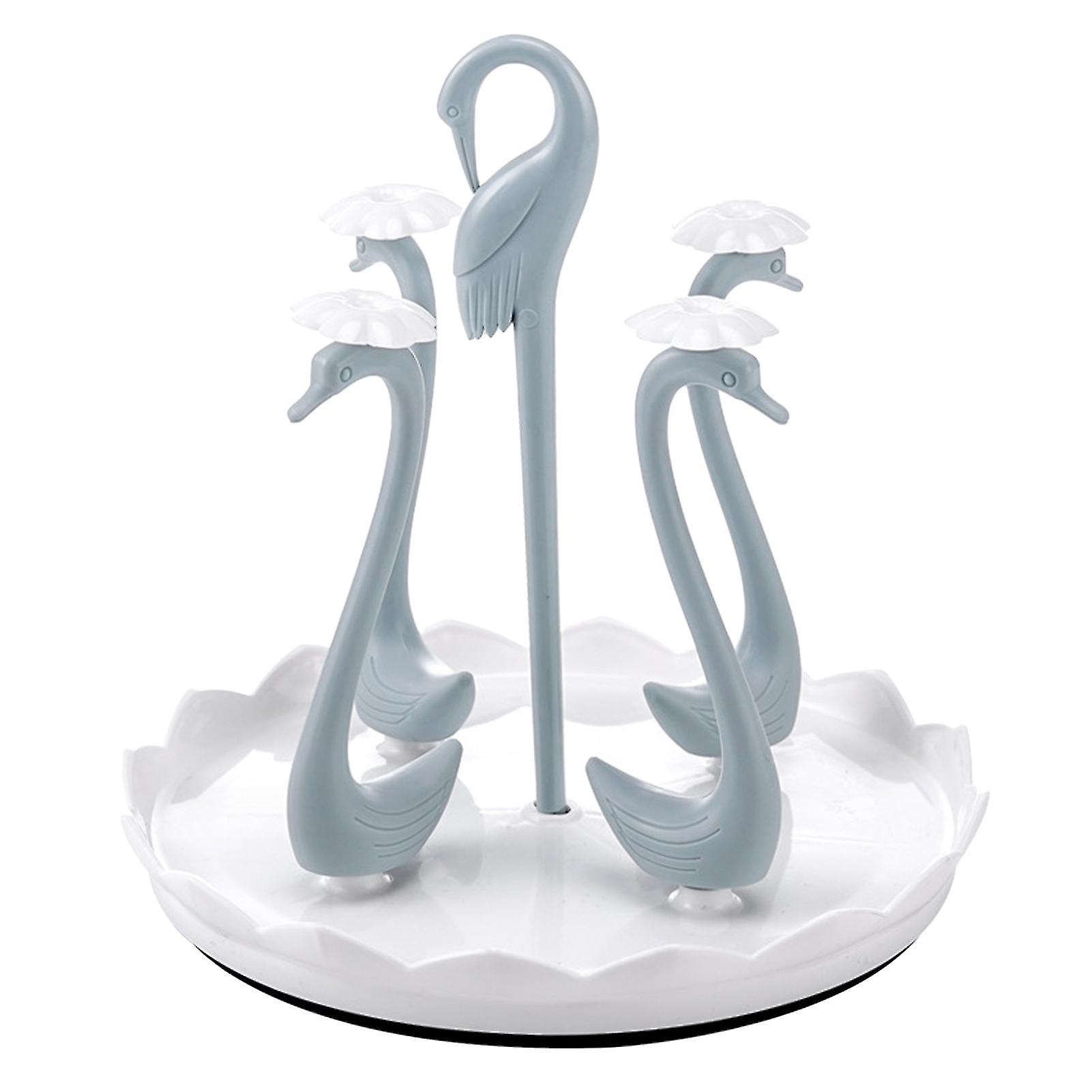 Swan Cup Holder with Rotating Drip Tray Plastic Rotatable Drinking Cup Drainer Stand Rack for Home Kitchen Blue 4 Heads