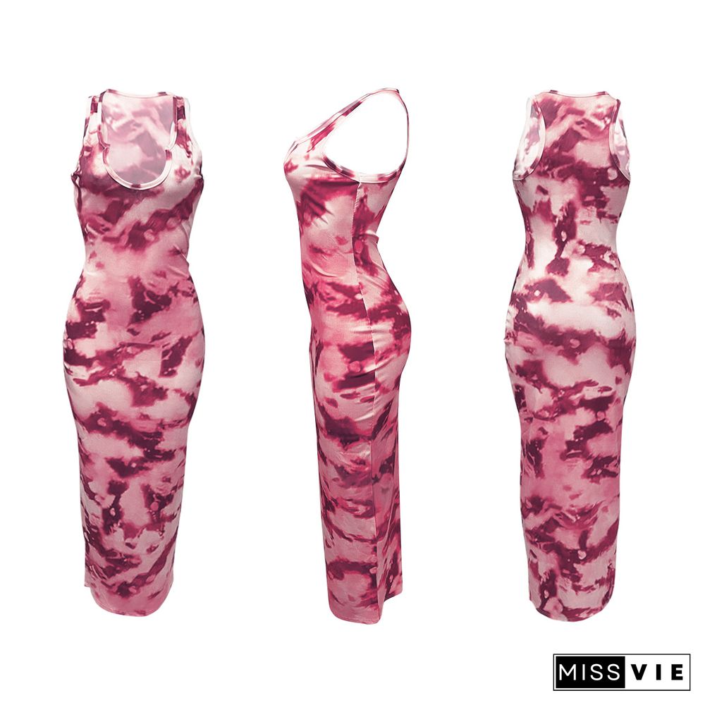 Women Summer Fashion Tie Dye Print V-neck Sleeveless Sexy Night Party Bodycon Long Dresses