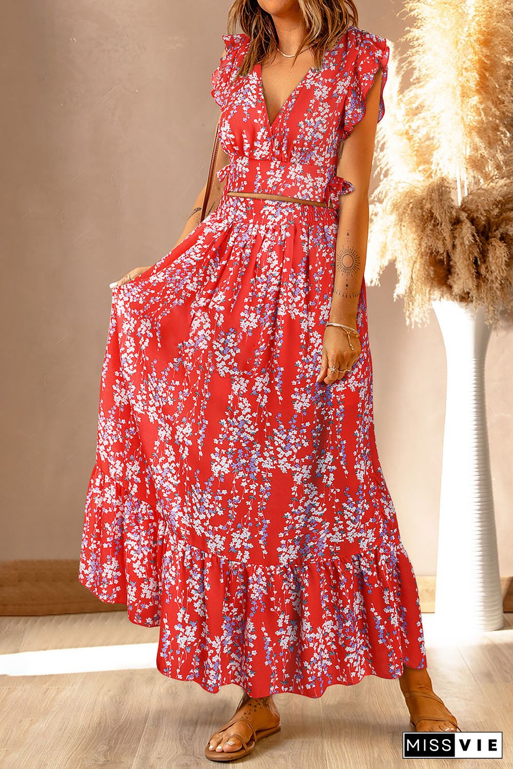 Red Multicolor Floral Ruffled Crop Top and Maxi Skirt Set