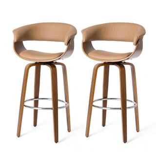 Glitzhome 40.5 in. H Mid-Century Modern Camel PUWalnut bentwood Swivel Chair Bar Stool (Set of 2) 2000900026