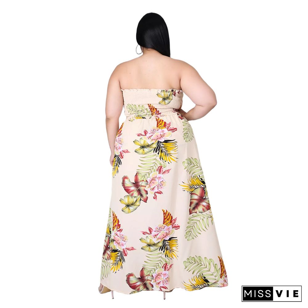 Summer Plus Size Women Clothing Floral Print Elastic Waist Beach Casual One Piece Split Jumpsuit