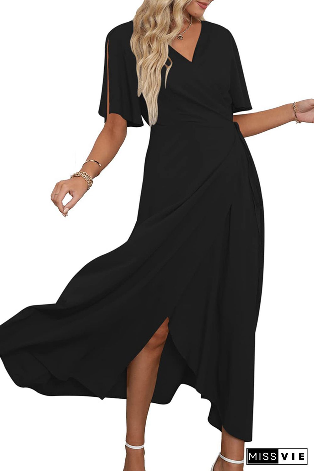 Plain Wrap V Neck Side Split With Sash Maxi Dress