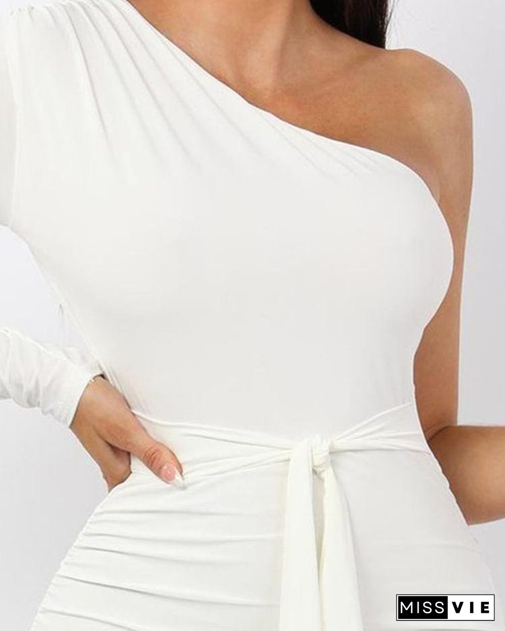 One Shoulder Ruched Design Bodycon Dress White Dresses