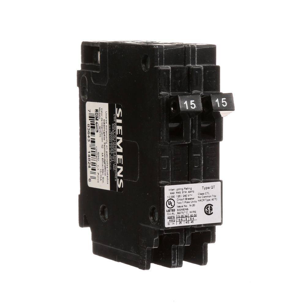 Siemens 15 Amp Tandem Single Pole Type QT Circuit Breaker Q1515U