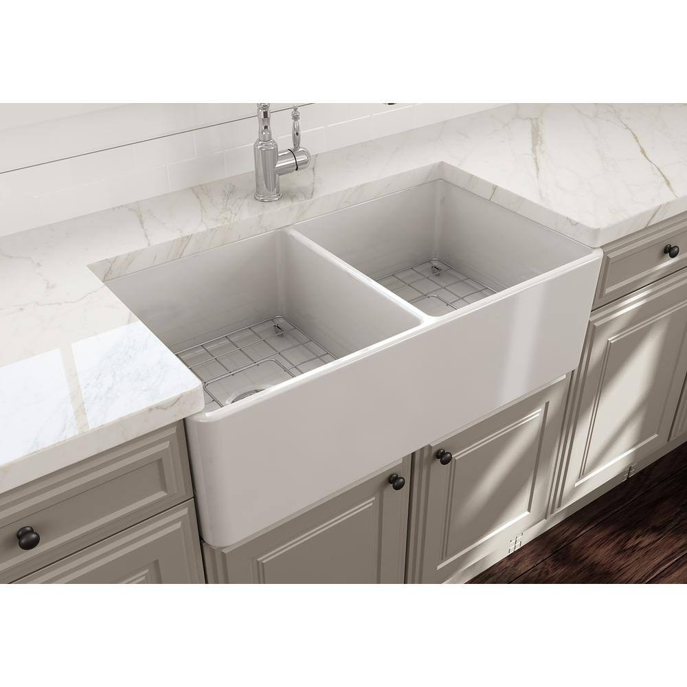 BOCCHI Classico Farmhouse Apron Front Fireclay 33 in. Double Bowl Kitchen Sink with Bottom Grid and Strainer in White 1139-001-0120