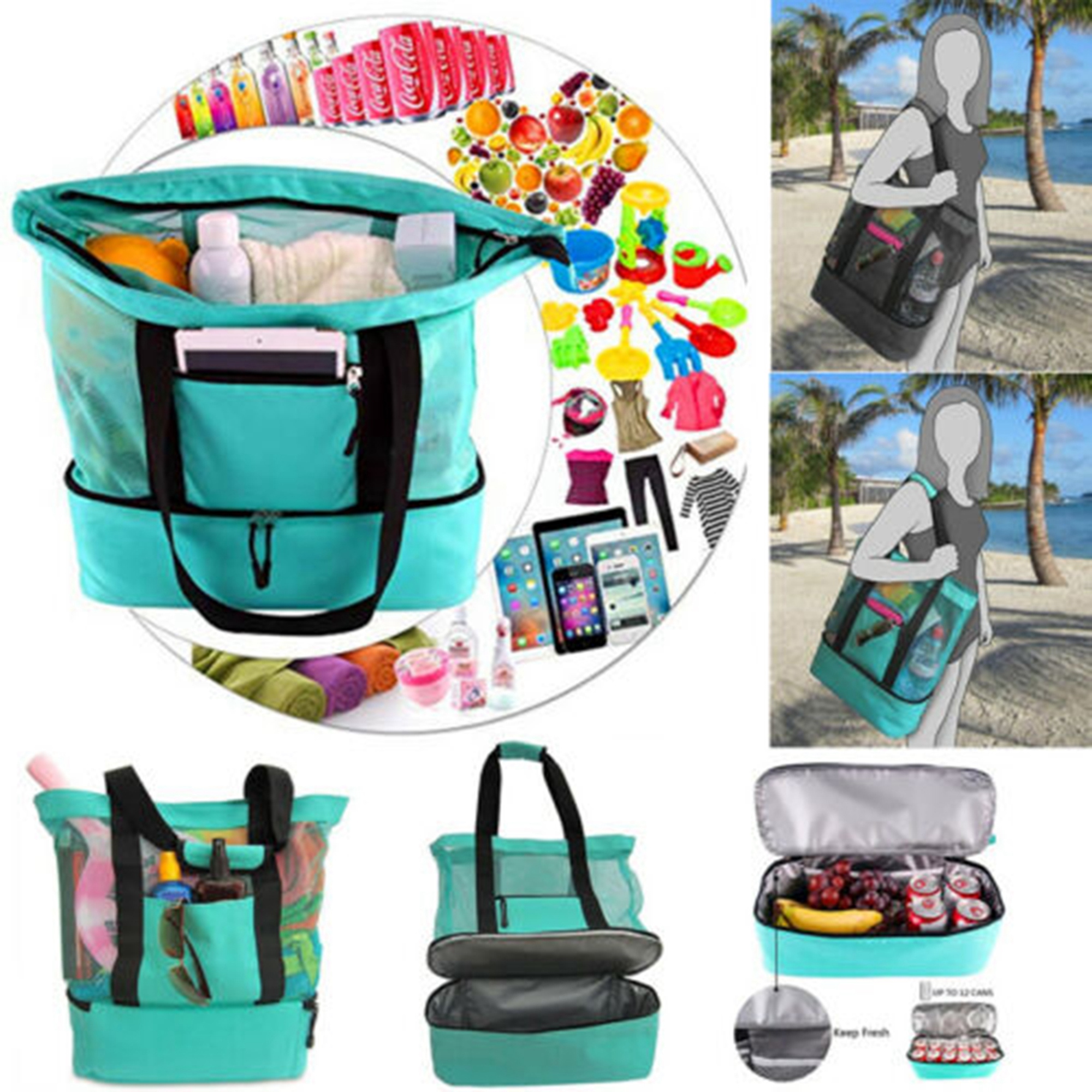 Large Mesh Beach Tote Bag with Zipper and Insulated Picnic Cooler Leak Proof for Beach Pool Outdoor Trave Beach Bag Picnic Bag