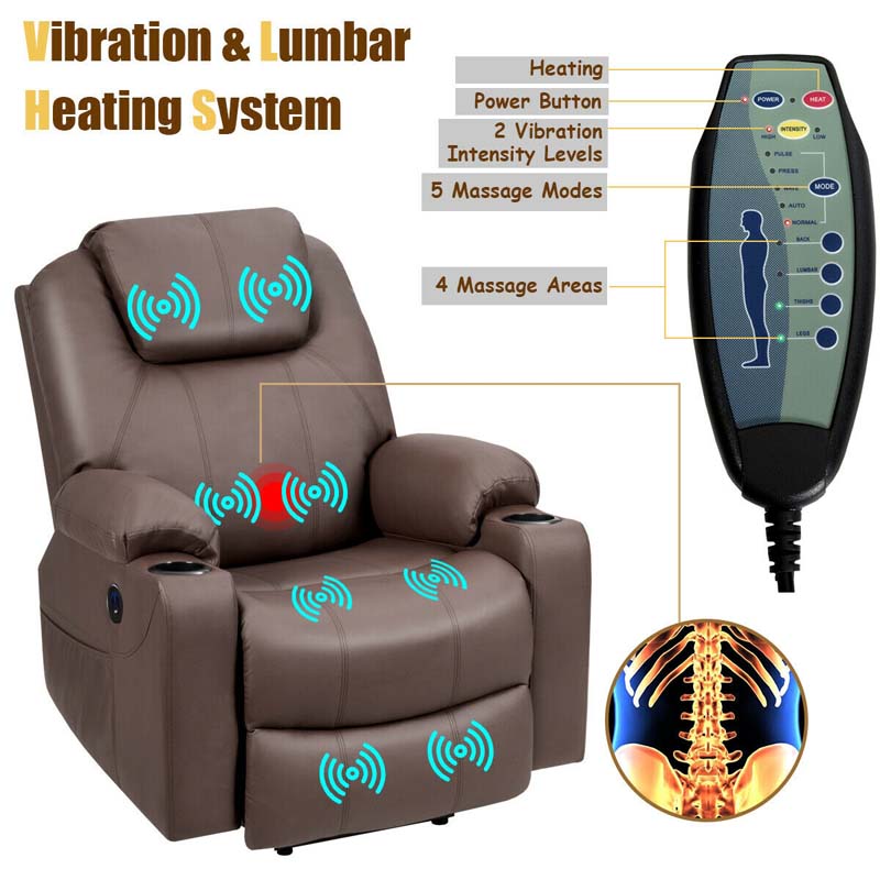 Electric Power Lift Recliner, Leather Massage Reclining Sofa, Elderly Lift Chair with Lumbar Heating & 8 Vibrating Nodes, Cup Holder, USB Port