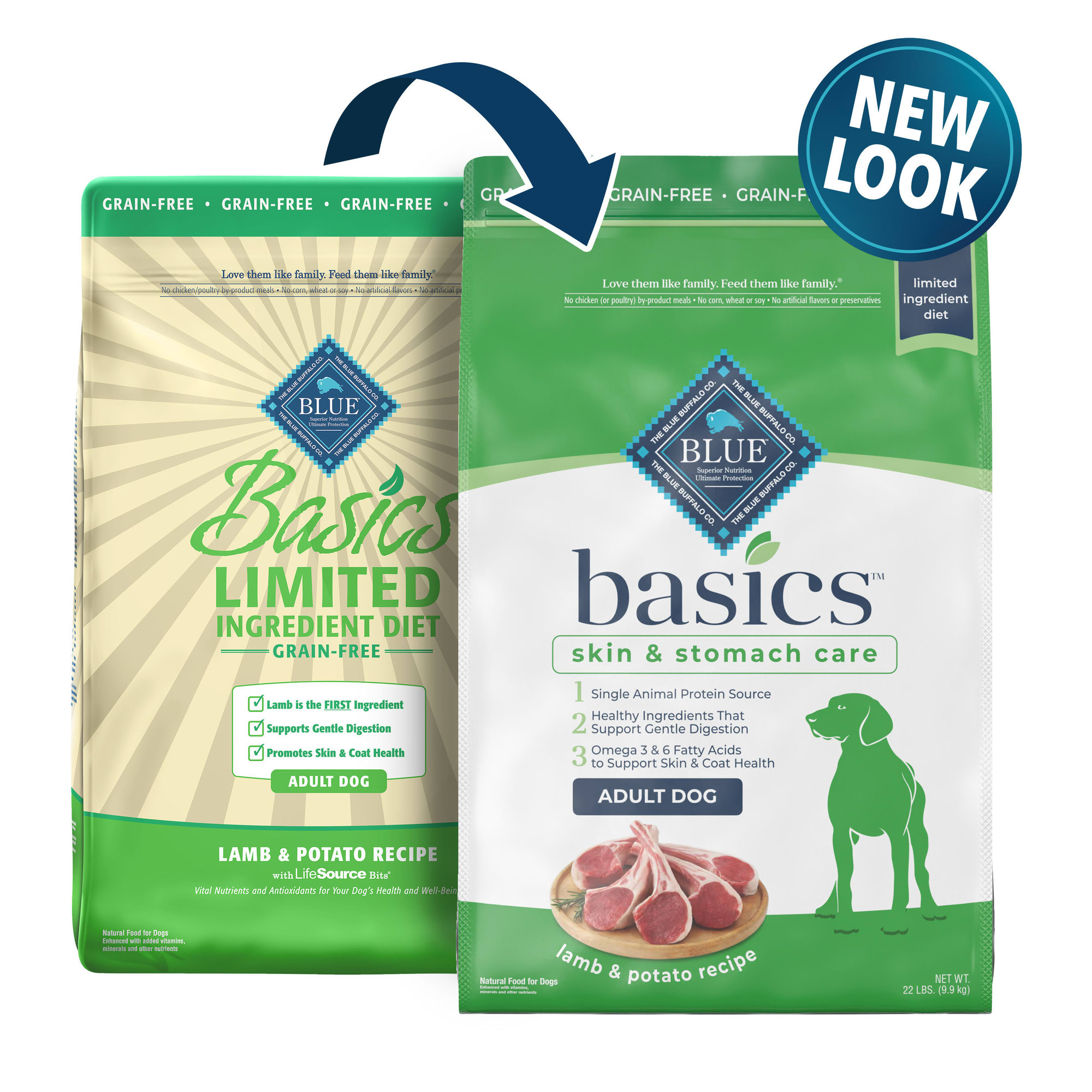 BLUE BUFFALO Blue Basics Skin amp; Stomach Care Natural Adult Grain Free Lamb amp; Potato Dry Dog Food， 22 lbs.